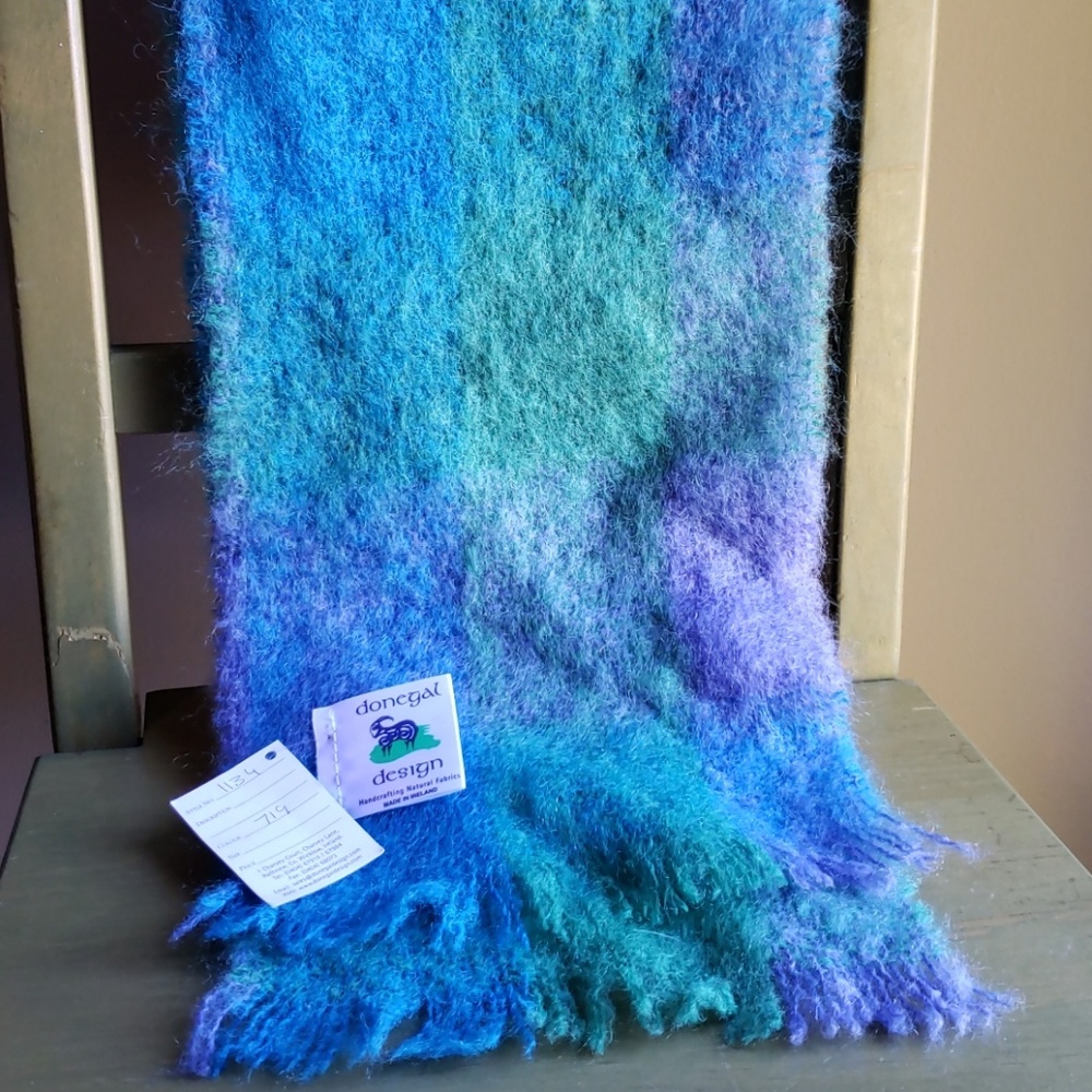 Donegal Design blue green purple wool scarf Irish